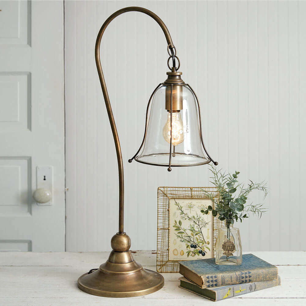 Antique Inspired Gooseneck Brass Lamp with Glass Shade