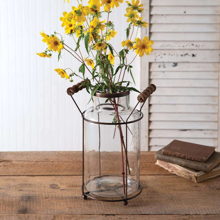 Antique Milk Can Glass Vase with Copper Caddy