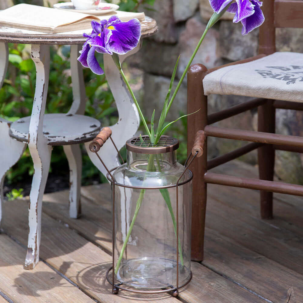 Antique Milk Can Glass Vase with Copper Caddy