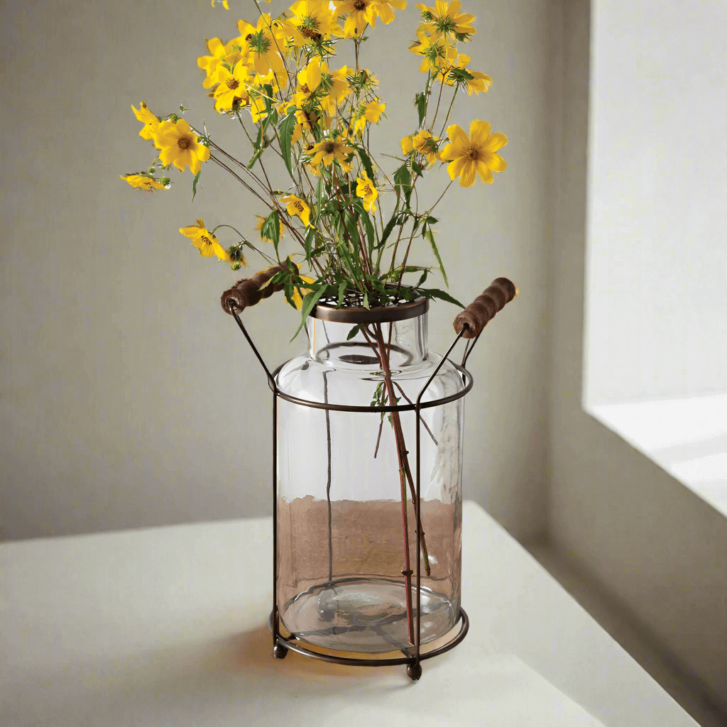 Antique Milk Can Glass Vase with Copper Caddy