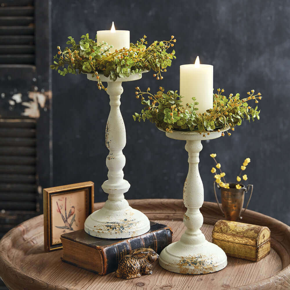 Antique Pillar Candle Holders in Weathered Metal (Set of 2)