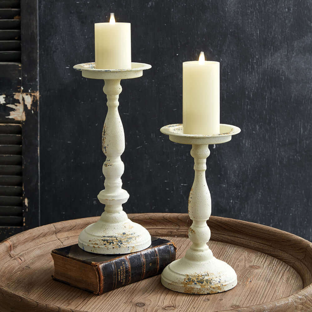 Antique Pillar Candle Holders in Weathered Metal (Set of 2)