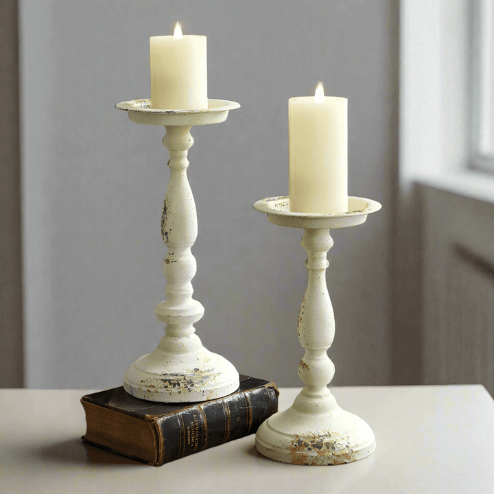 Antique Pillar Candle Holders in Weathered Metal (Set of 2)