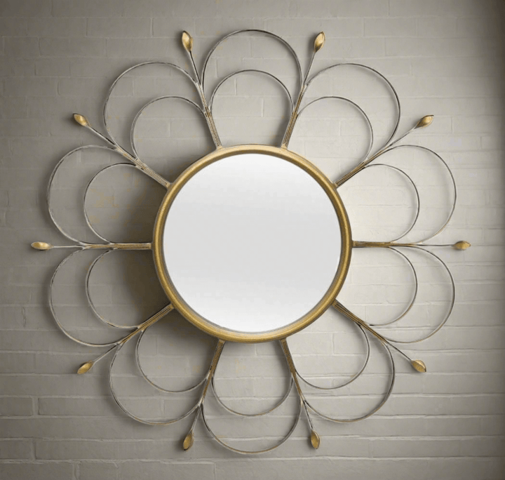 Art Deco Round Flower Wall Mirror in Gold Iron