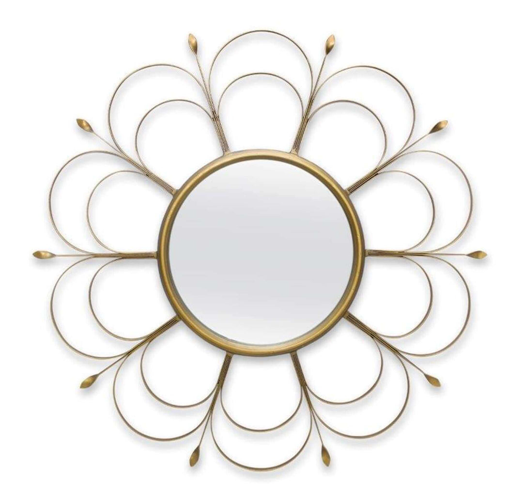 Art Deco Round Flower Wall Mirror in Gold Iron