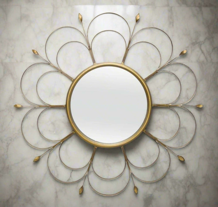 Art Deco Round Flower Wall Mirror in Gold Iron