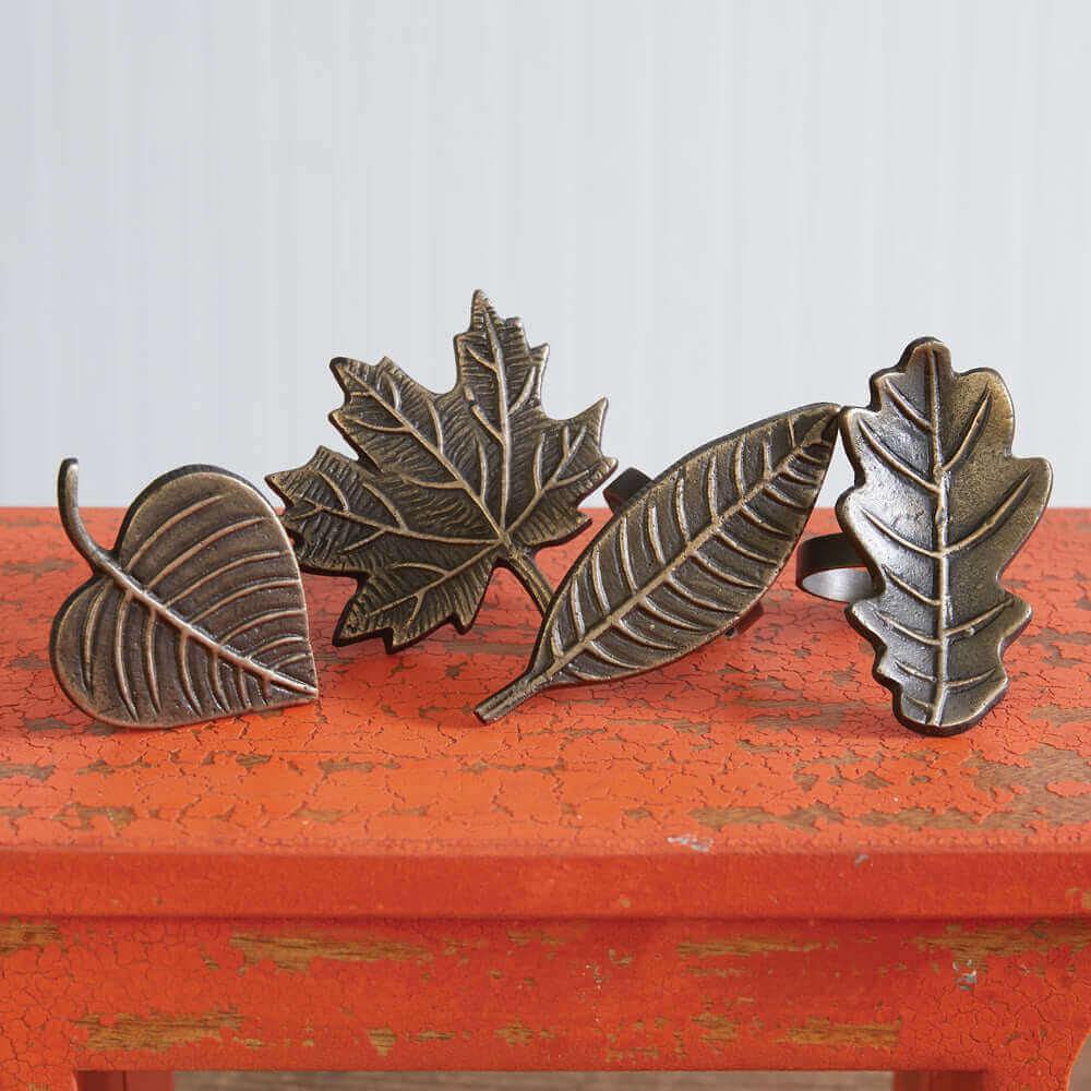 Assorted Fall Leaf Napkin Rings in Antique Brass (Set of 4)