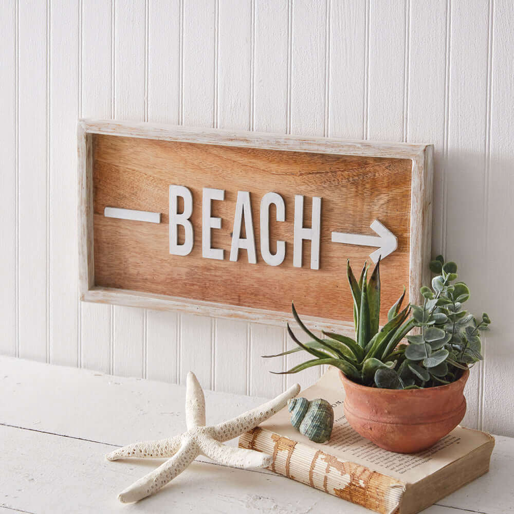 Beach Directional Wall Sign in Framed Wood