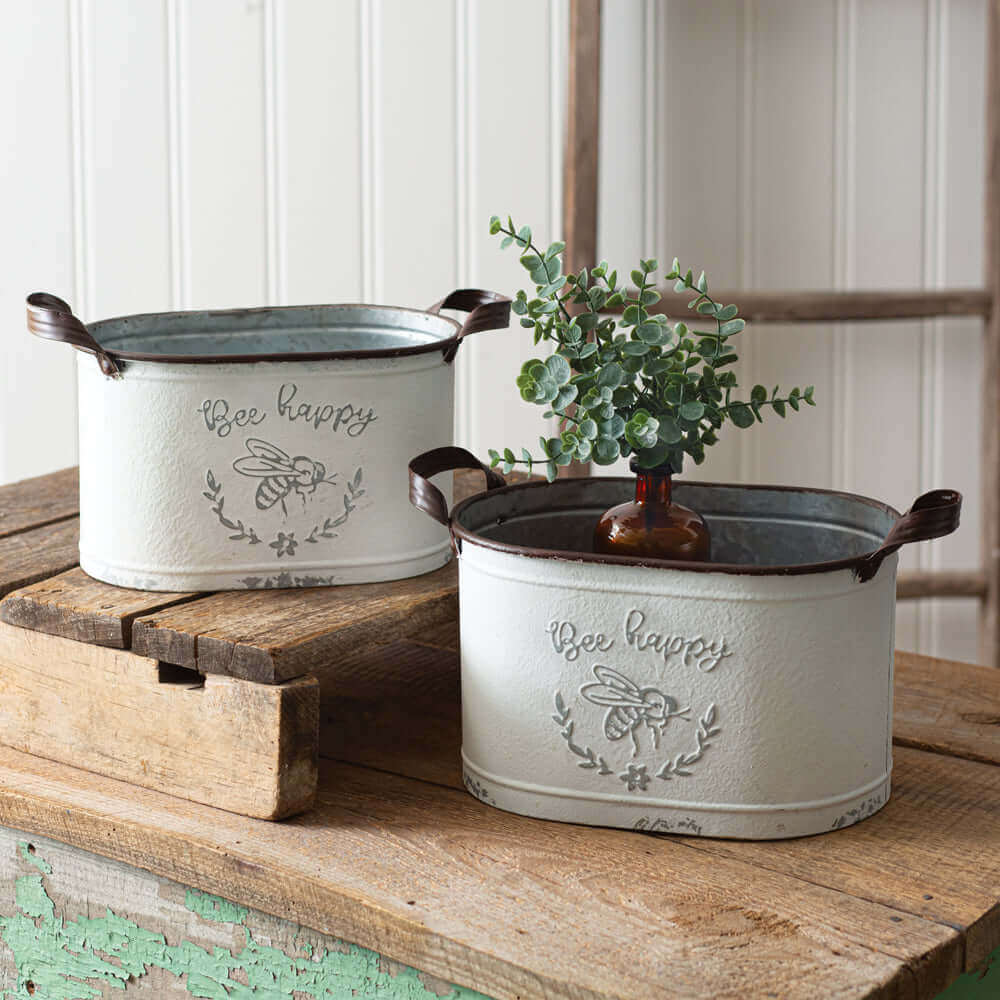 Bee Happy Distressed Metal Oval Buckets (Set of 2)