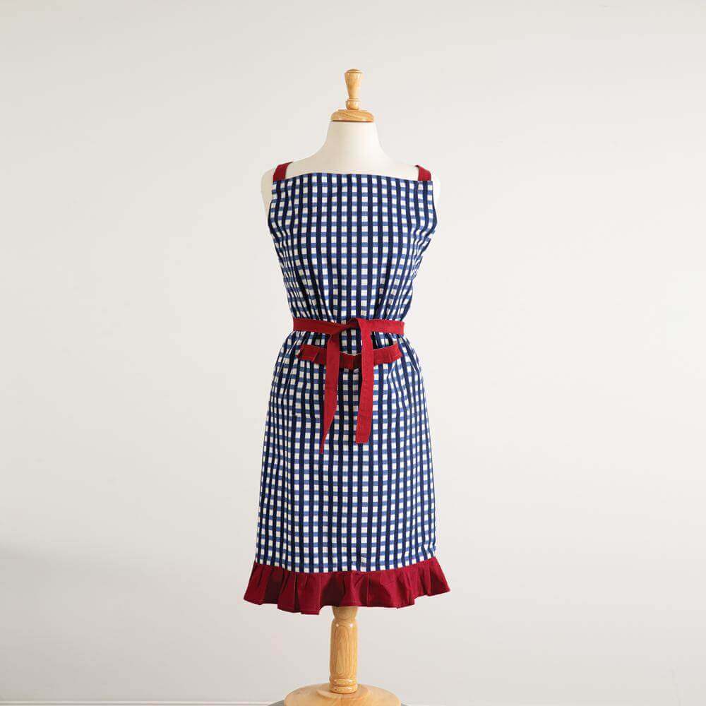 Blue and White Checkered Apron with Red Ruffle