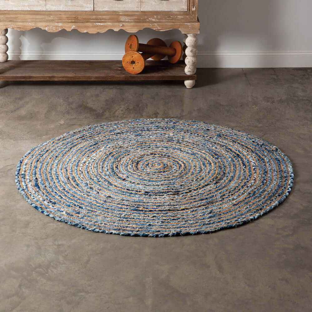 Blue Round Boho Handwoven Denim and Jute Area Rug