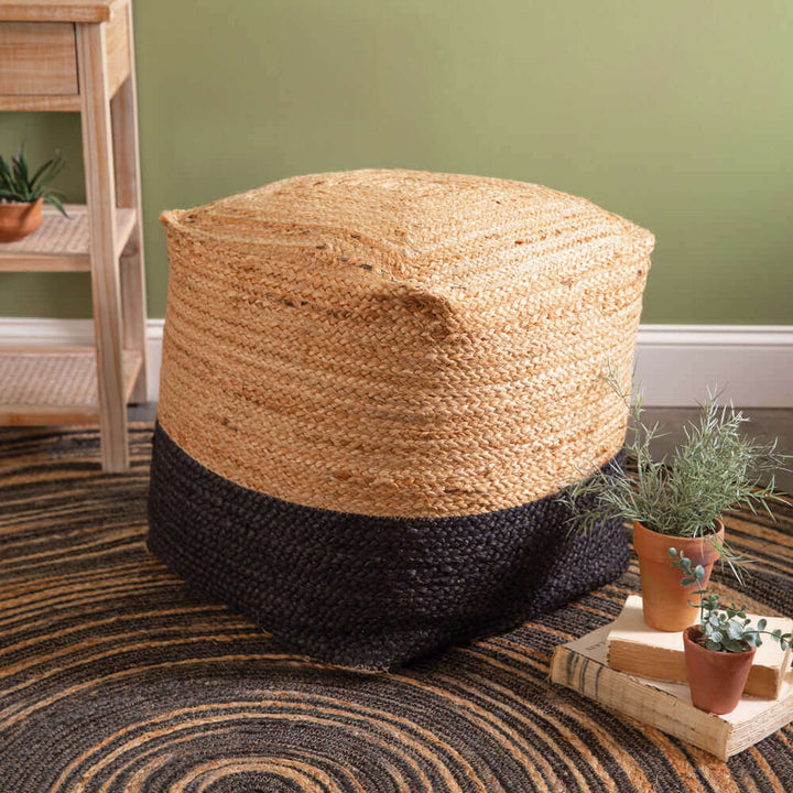 Bohemian Black and Neutral Square Jute Pouf