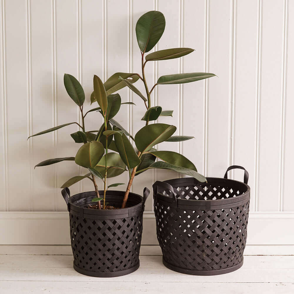 Boho Black Bamboo and Wood Lattice Baskets (Set of 2)