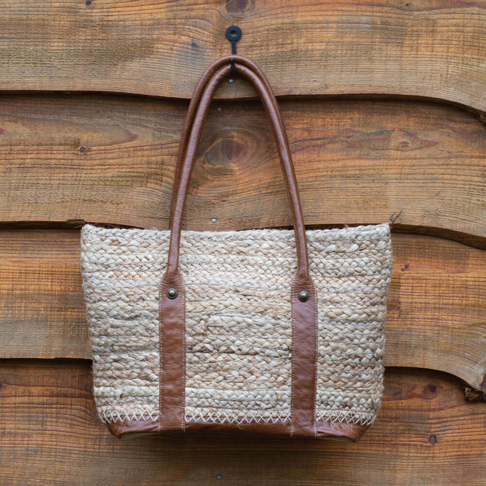 Boho Handwoven Braided Jute Purse with Leather Handles