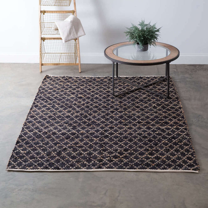 Boho Handwoven Cotton and Jute Area Rug with Diamond Pattern