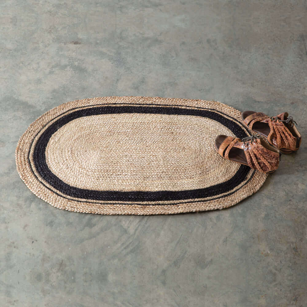 Boho Handwoven Jute Doormat with Black Oval Accents