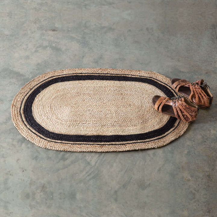 Boho Handwoven Jute Doormat with Black Oval Accents