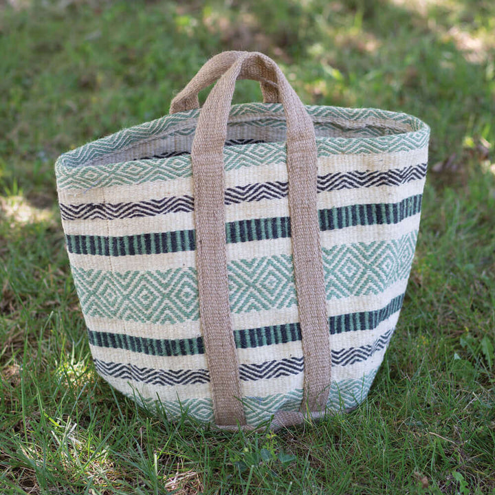 Boho Handwoven Jute Tote Bag in Green and Black