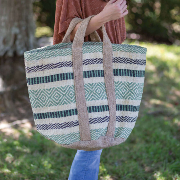 Boho Handwoven Jute Tote Bag in Green and Black