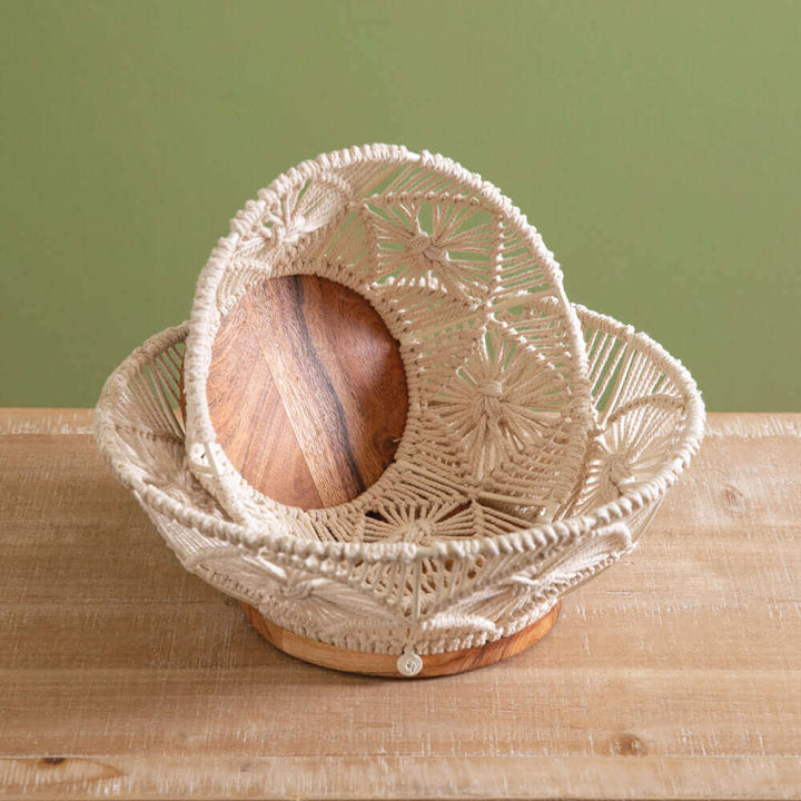 Boho Handwoven Wood and Macramé Bowls (Set of 2)