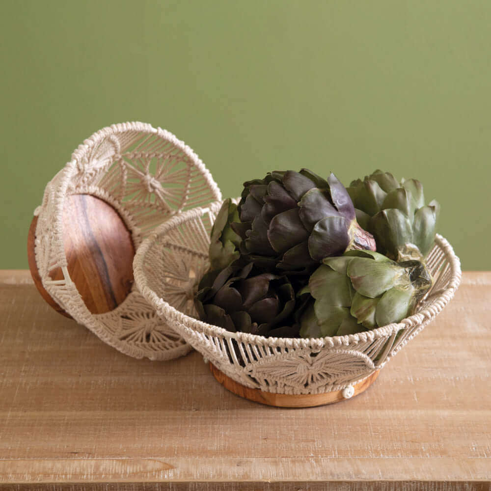 Boho Handwoven Wood and Macramé Bowls (Set of 2)