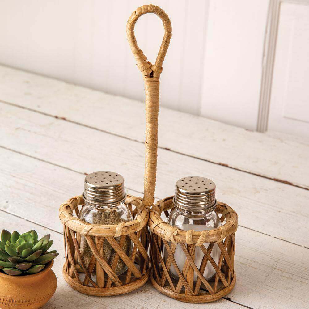 Boho Rattan Salt and Pepper Caddy with Shakers