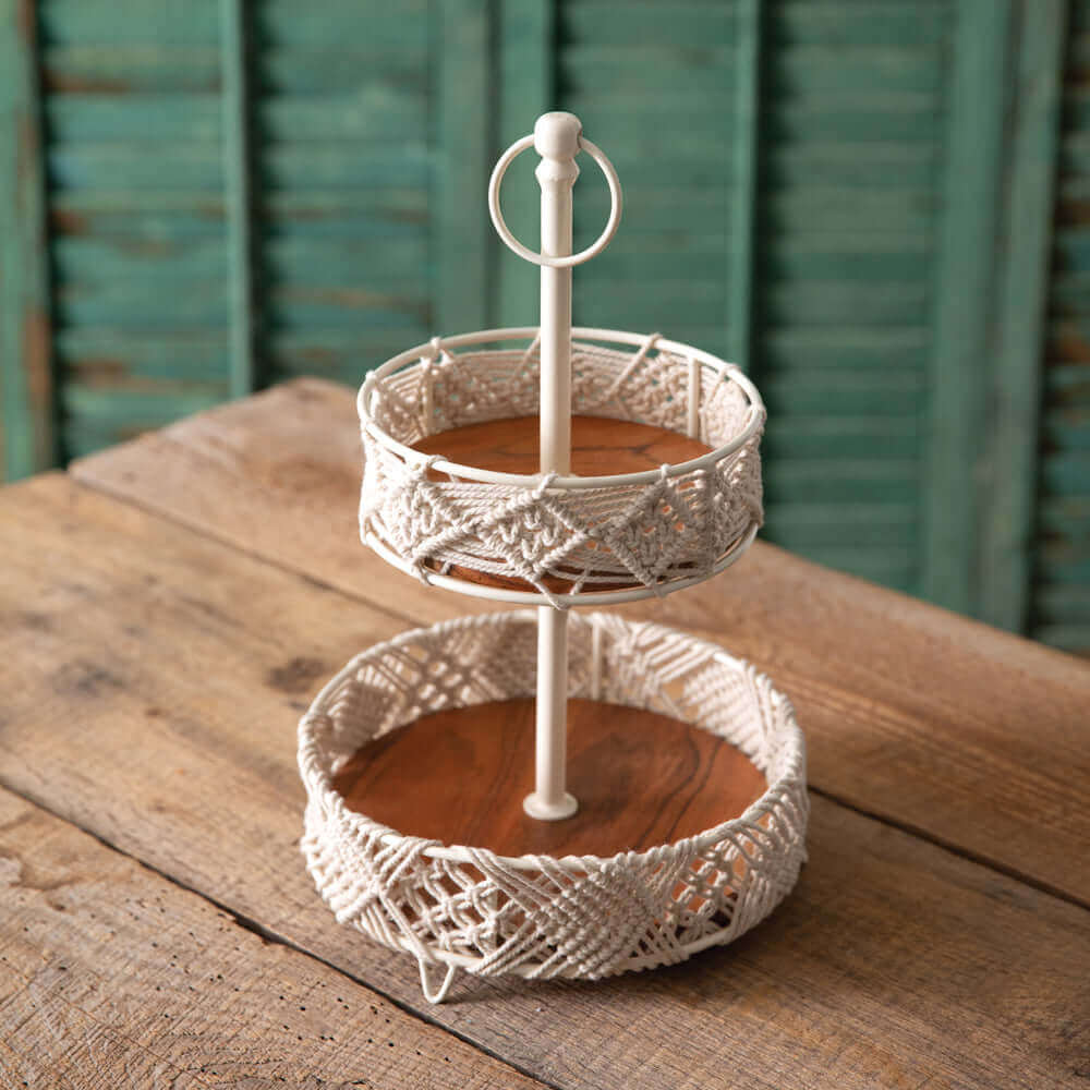 Boho Two-Tier Wood and Macrame Tray