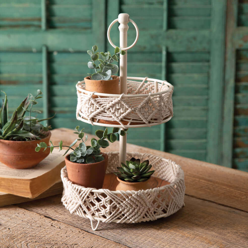 Boho Two-Tier Wood and Macrame Tray