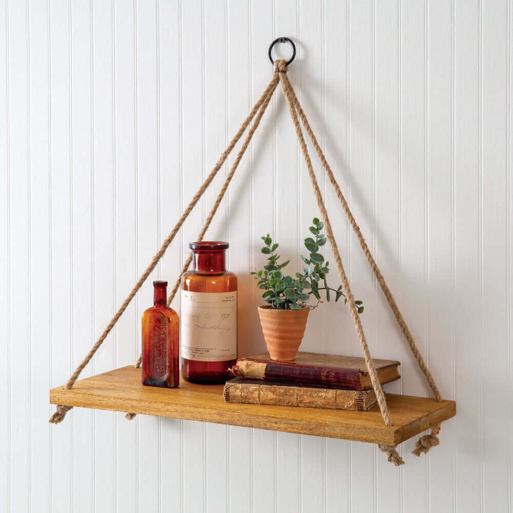 Boho Wooden Hanging Wall Shelf with Rope