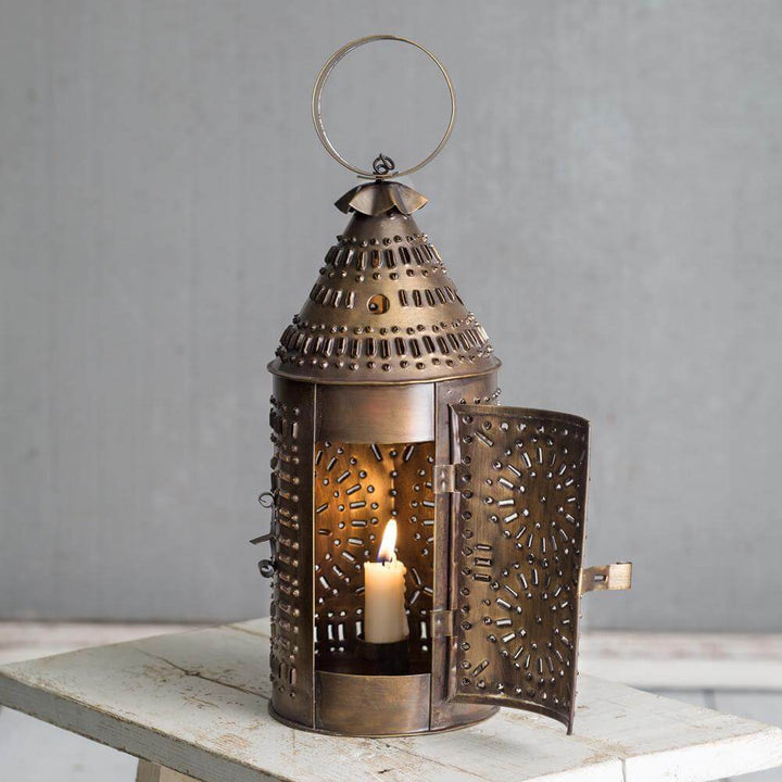 Candle Lantern in Punched Antique Brass