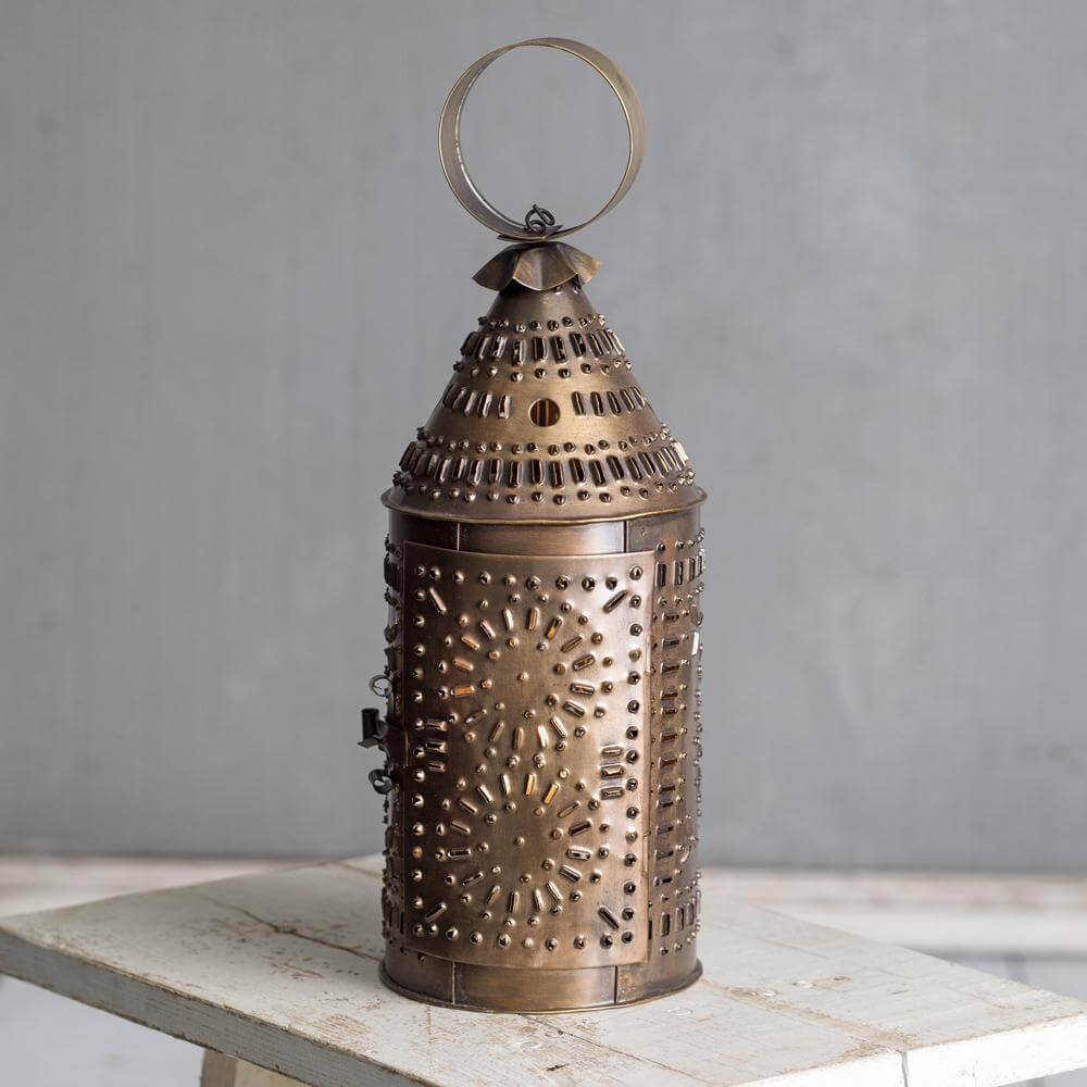 Candle Lantern in Punched Antique Brass