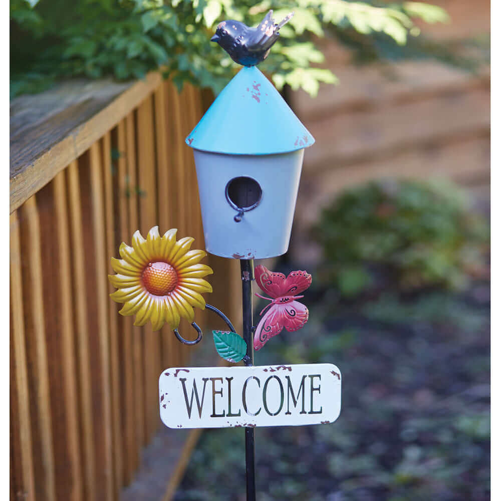 Charming Country Birdhouse and Sunflower Garden Stake