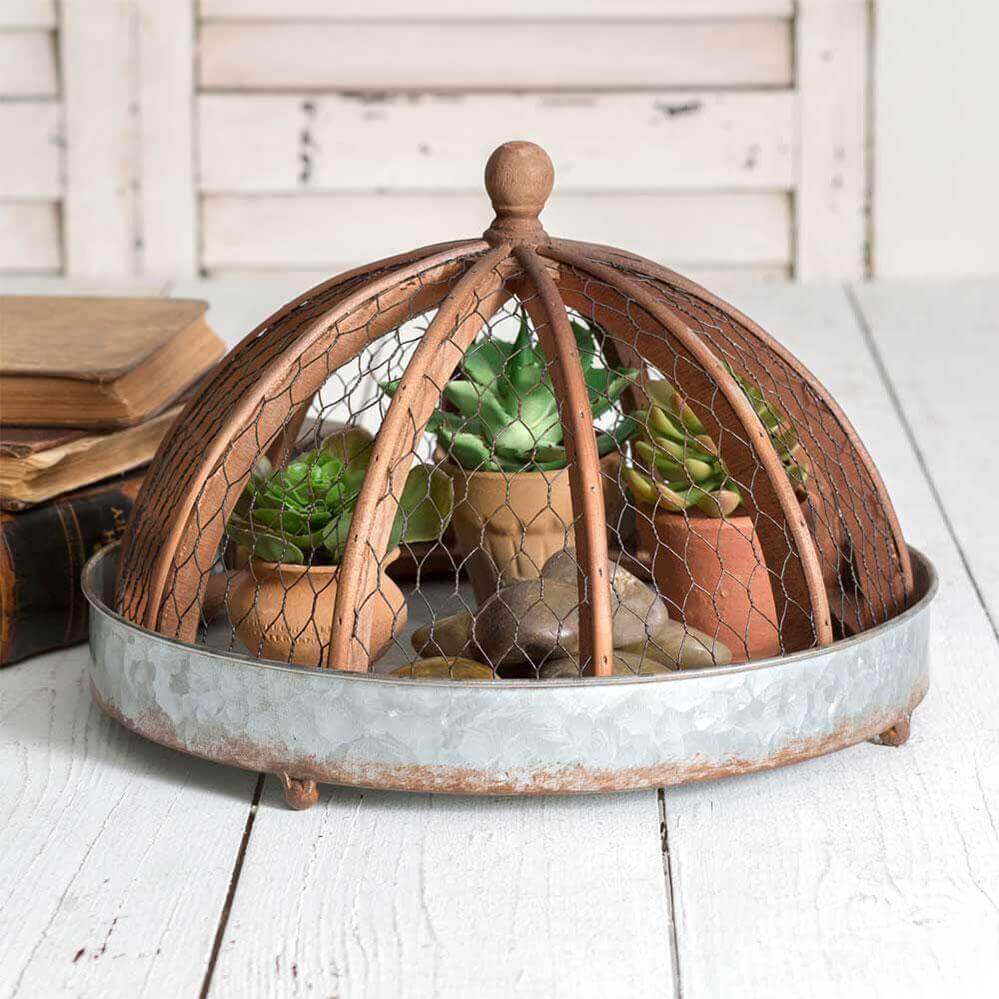 Chicken Wire Cloche with Rustic Tray