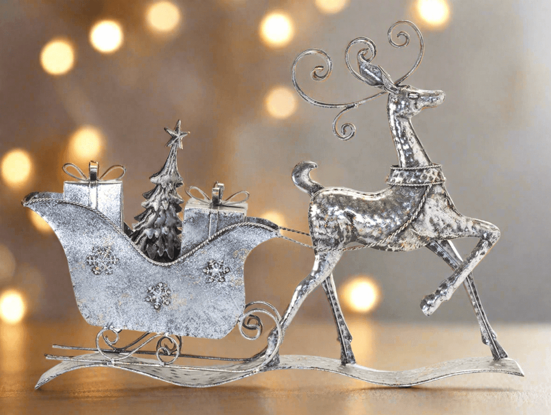 Christmas Deer Figurine Pulling Antique Sleigh with Presents