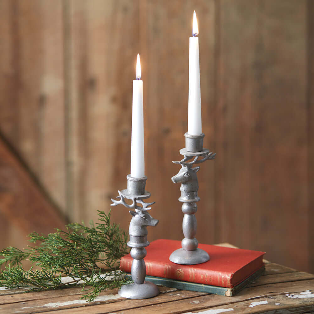 Christmas Reindeer Taper Candle Holders in Metal (Set of 2)