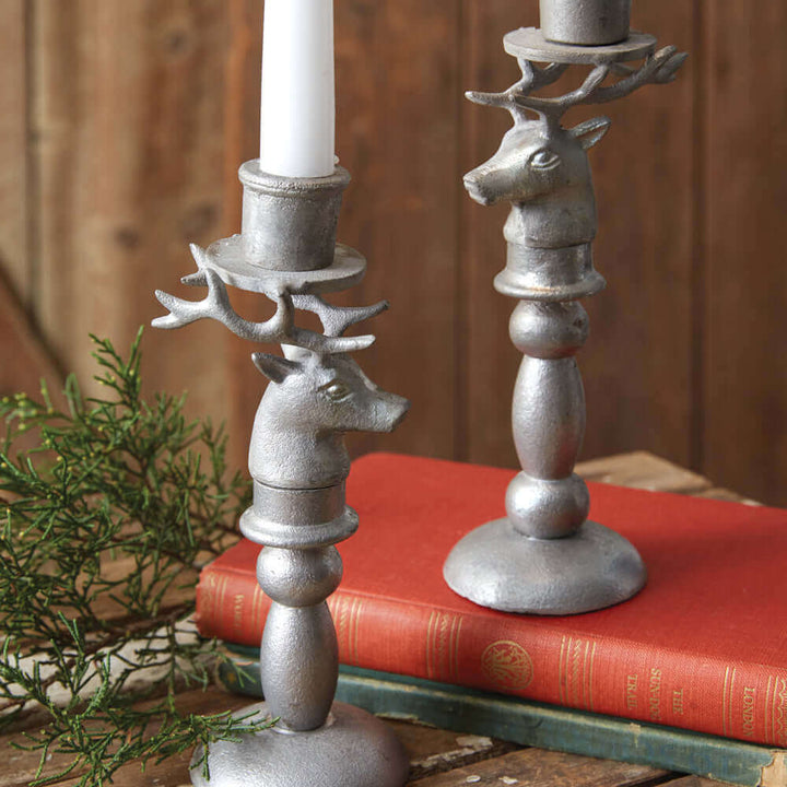 Christmas Reindeer Taper Candle Holders in Metal (Set of 2)