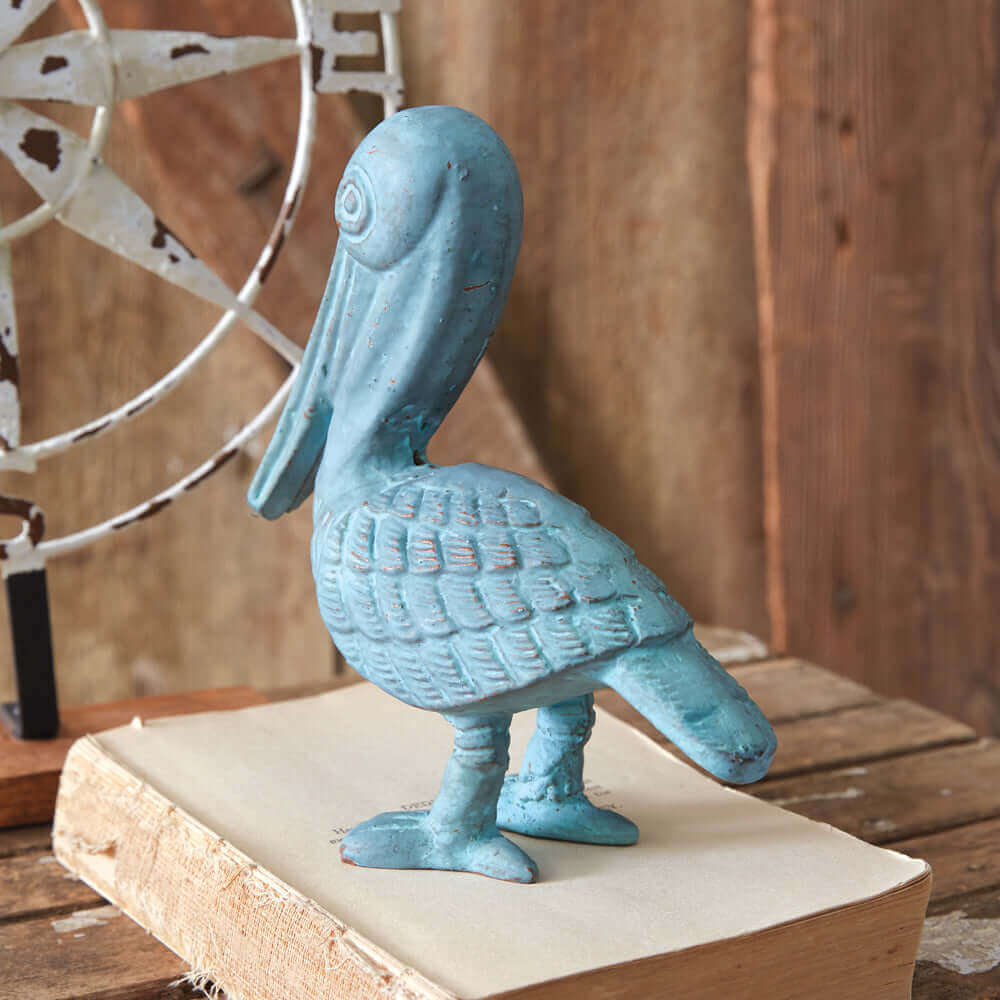 Coastal Pelican Figurine in Verdigris Cast Iron