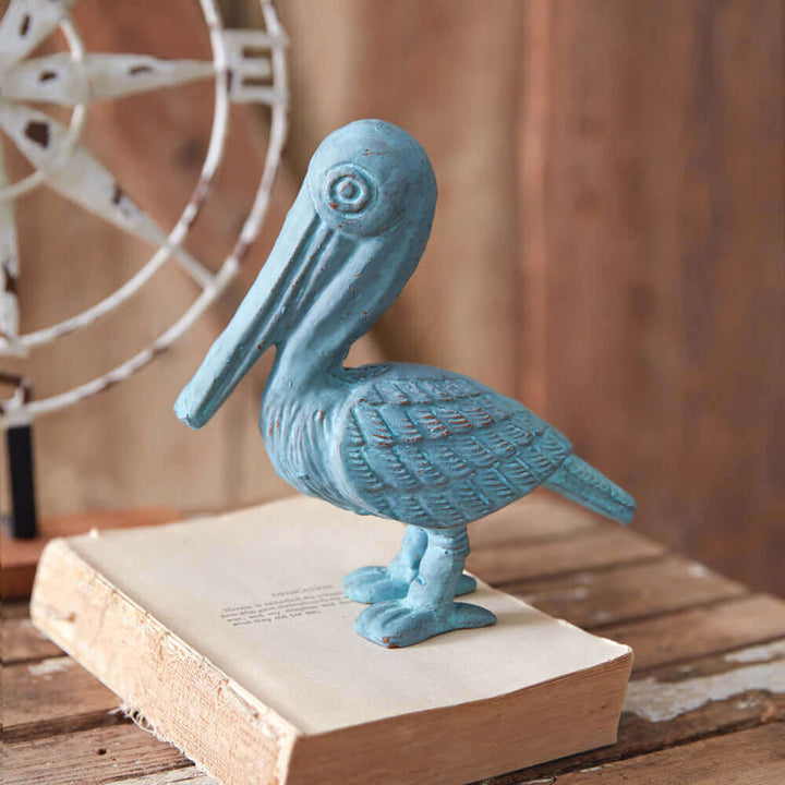 Coastal Pelican Figurine in Verdigris Cast Iron