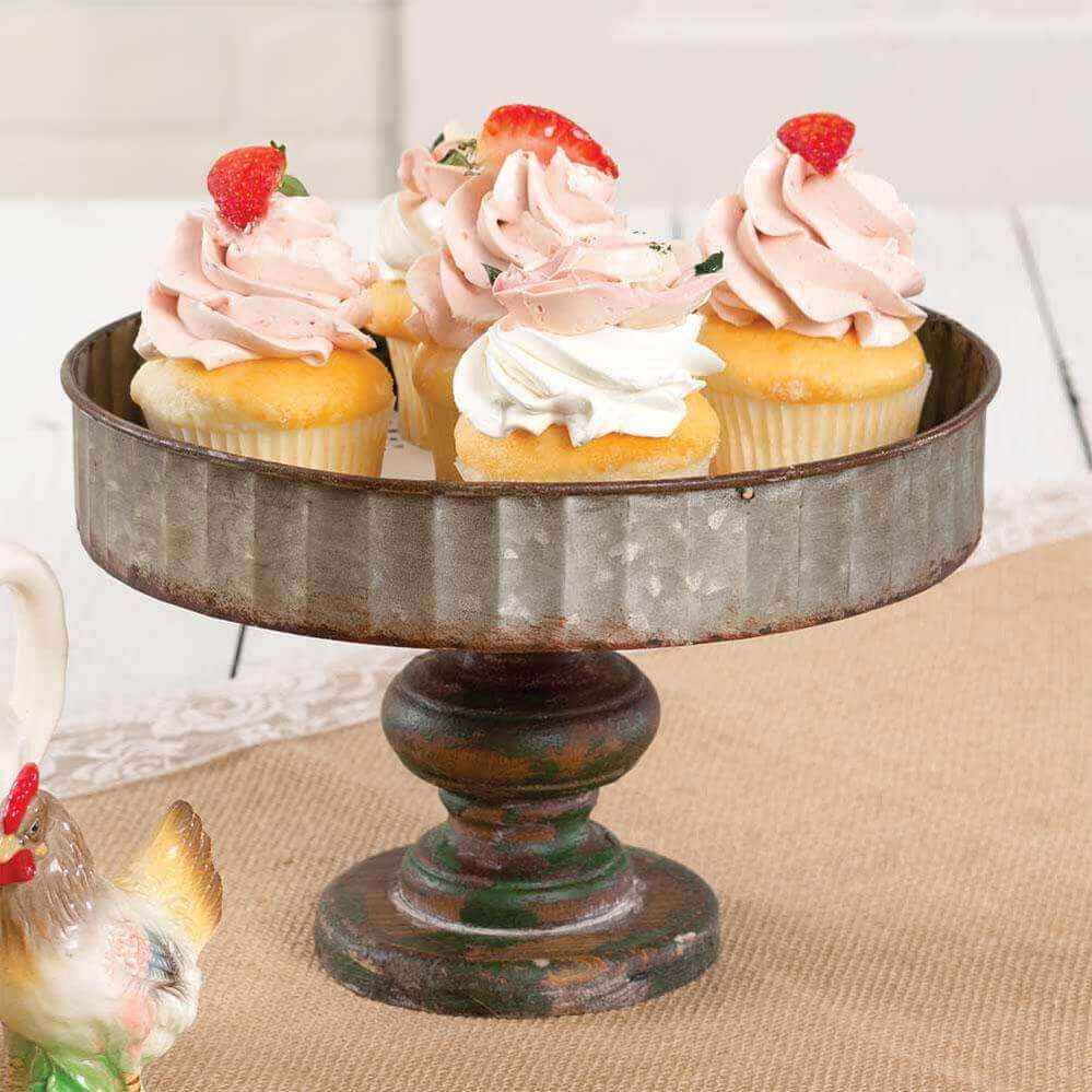 Corrugated Galvanized Metal and Wood Farmhouse Cake Stand