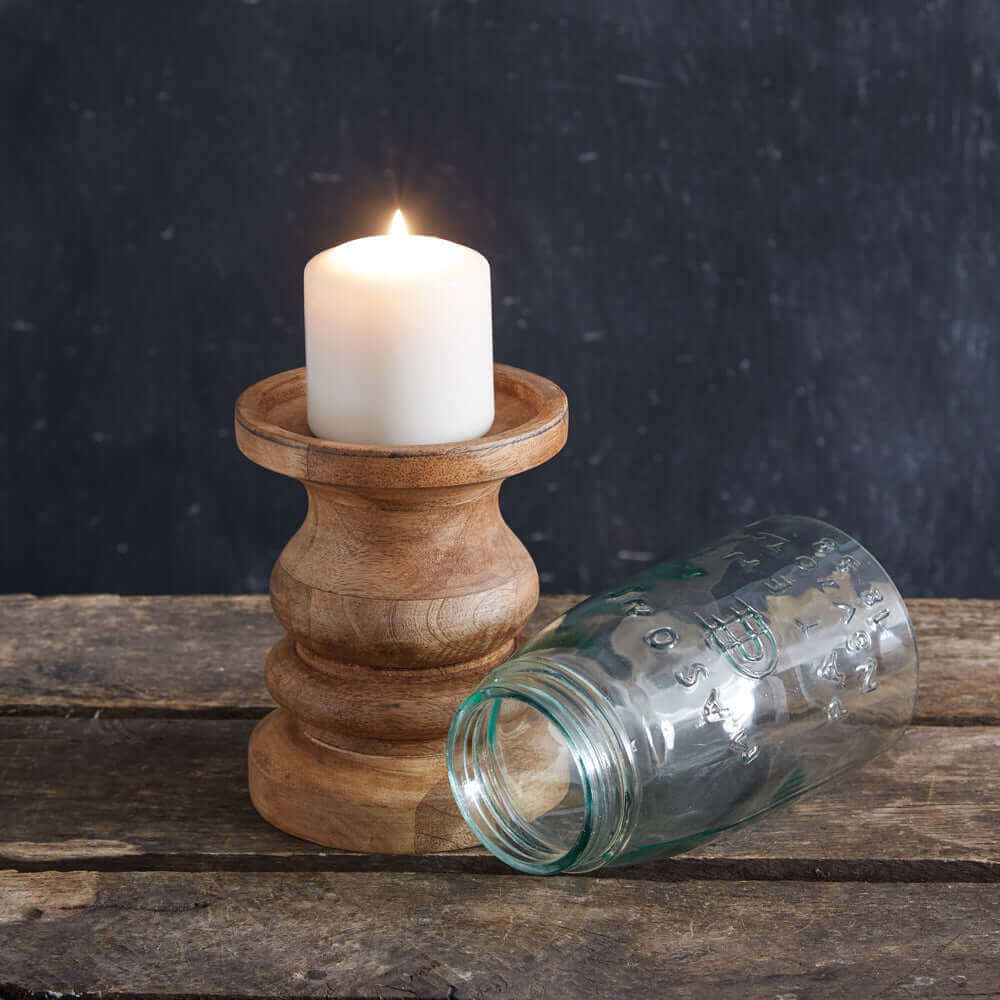 Rustic Farmhouse Candle Holder with Mason Jar and lit candle on a wooden surface. Ideal for cozy decor.