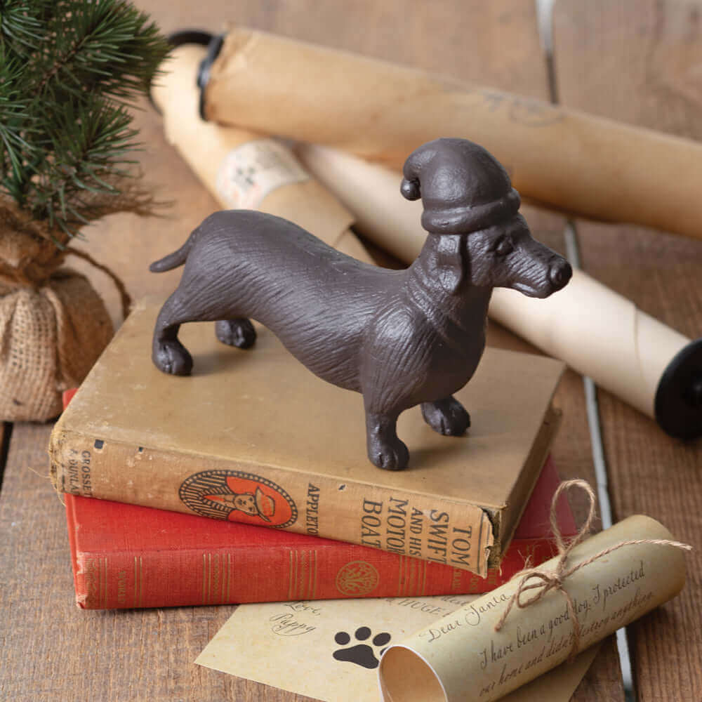 Dachshund Christmas Figurine in Cast Iron