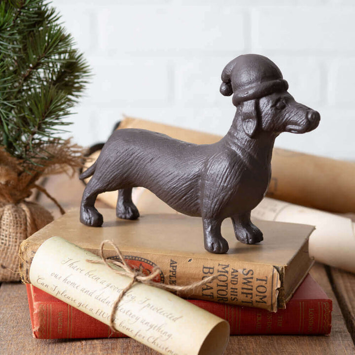 Dachshund Christmas Figurine in Cast Iron