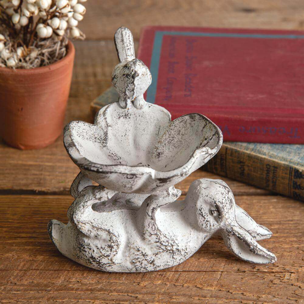 Distressed Bunny and Bird Statue with Dish