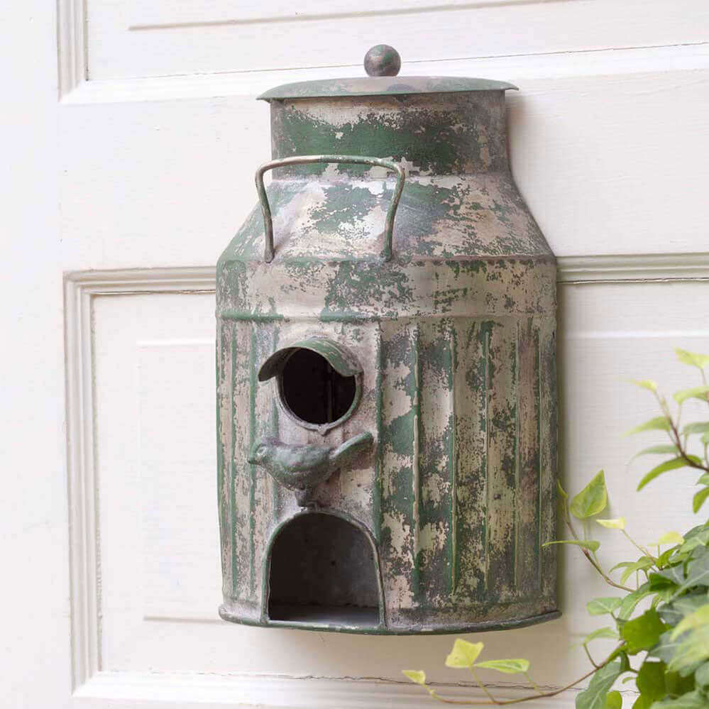 Distressed Farmhouse Metal Milk Can Birdhouse