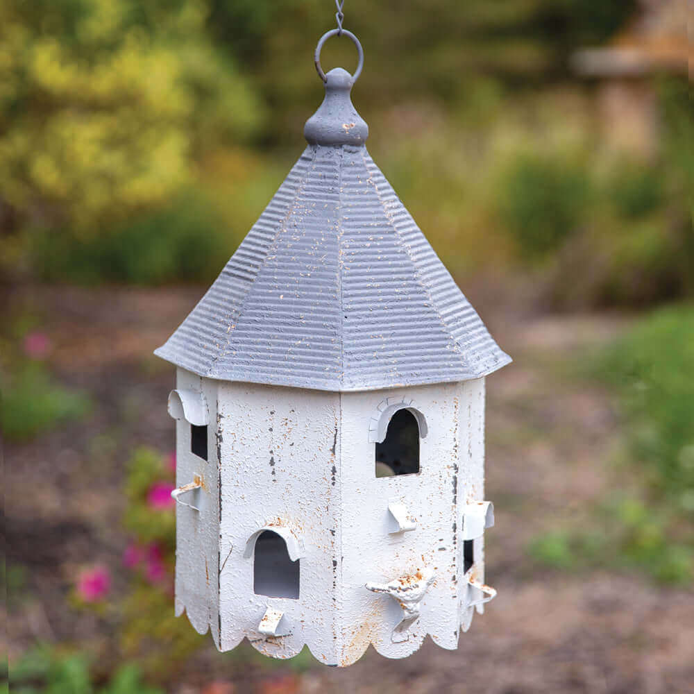 Distressed Metal Hanging Birdhouse with Size Openings