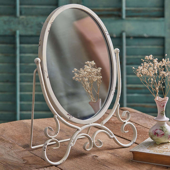 Distressed White Metal Oval Tabletop Mirror