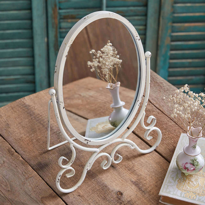 Distressed White Metal Oval Tabletop Mirror