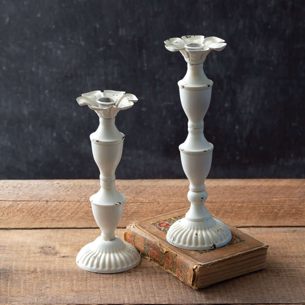 Distressed White Metal Shabby Chic Candlestick Holders (Set of 2)