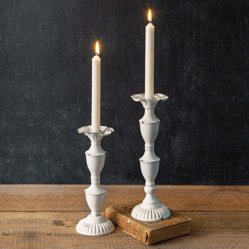 Distressed White Metal Shabby Chic Candlestick Holders (Set of 2)