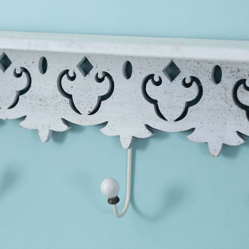 Distressed White Wood Wall Shelf with Hooks